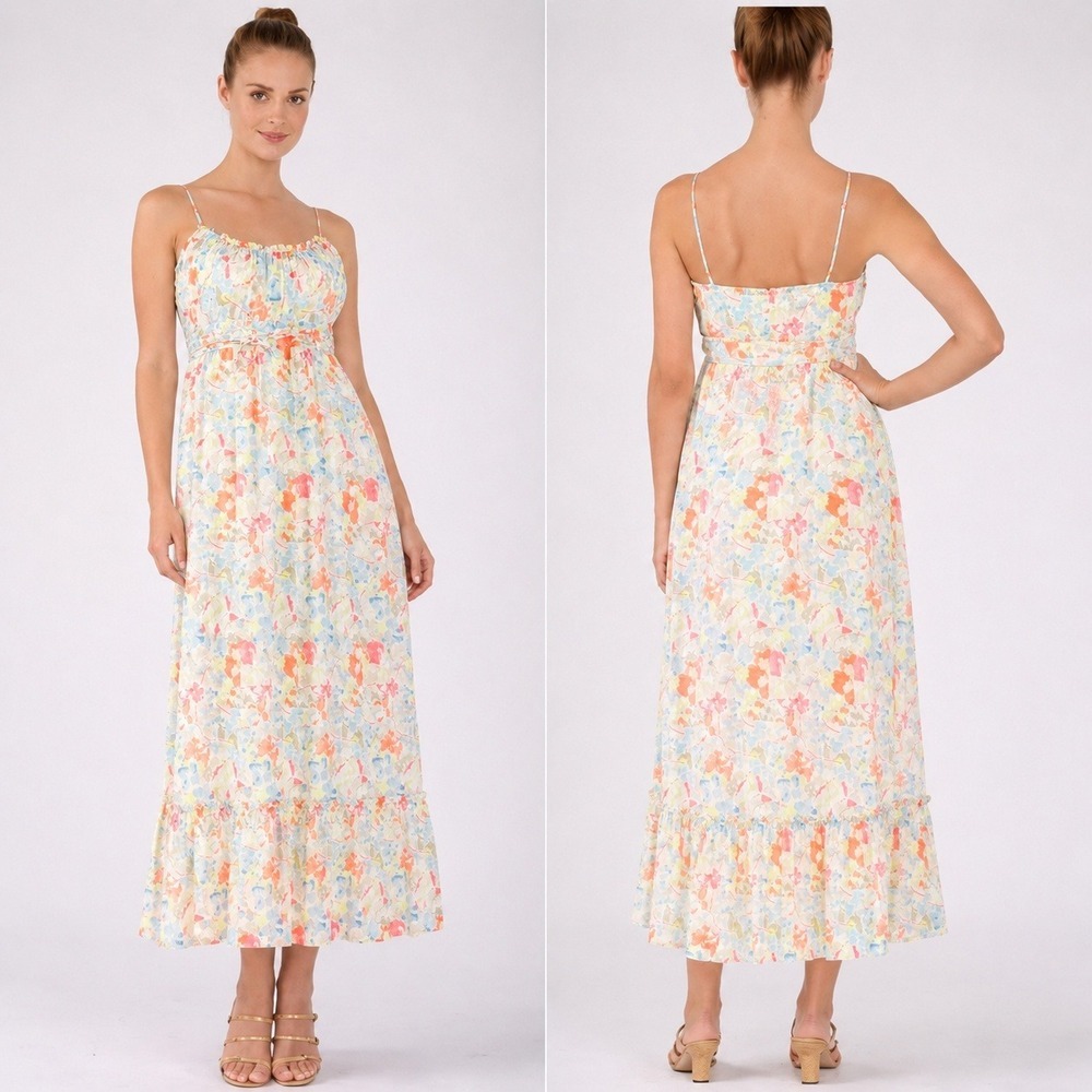 LIKELY NEW Raffy Ivory Pastel Floral Ruffle Tie Waist Maxi Dress SZ 12 Coquette